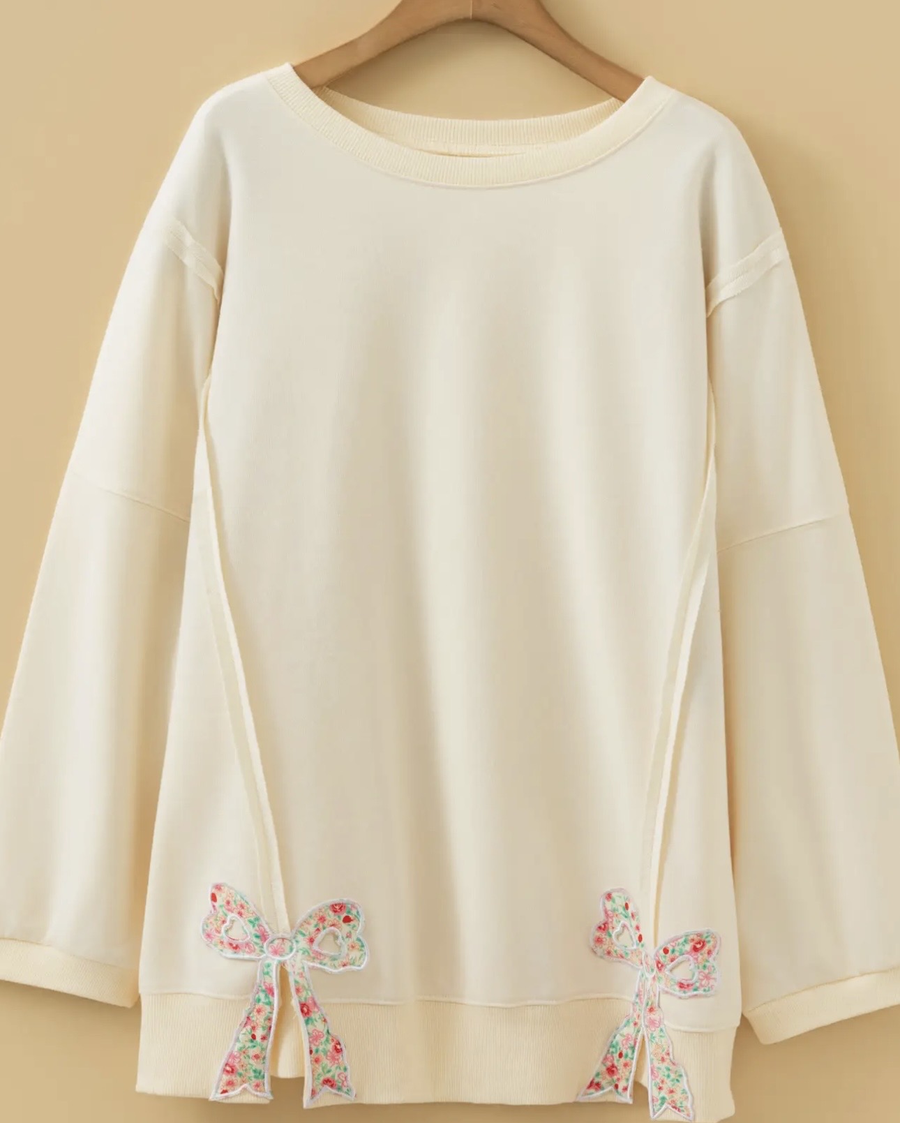Plus Size Raw Seam Detail Floral Bow Oversized Pullover 1xl - 3xl